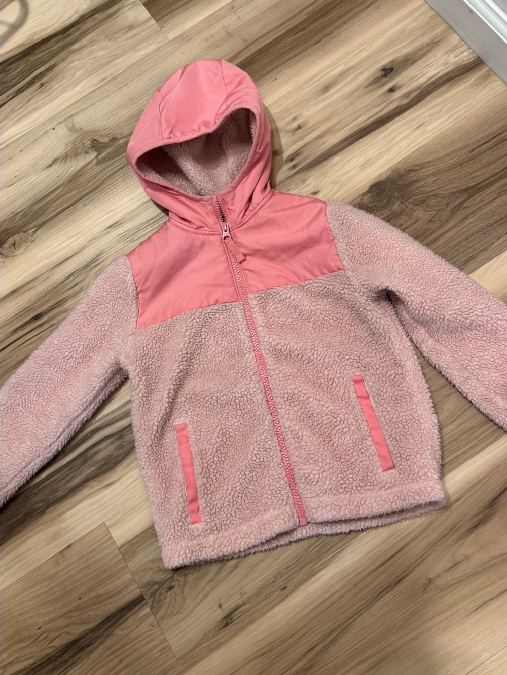 Lands' End Hooded Pink Sherpa Teddy Jacket girls kids size small 4-5